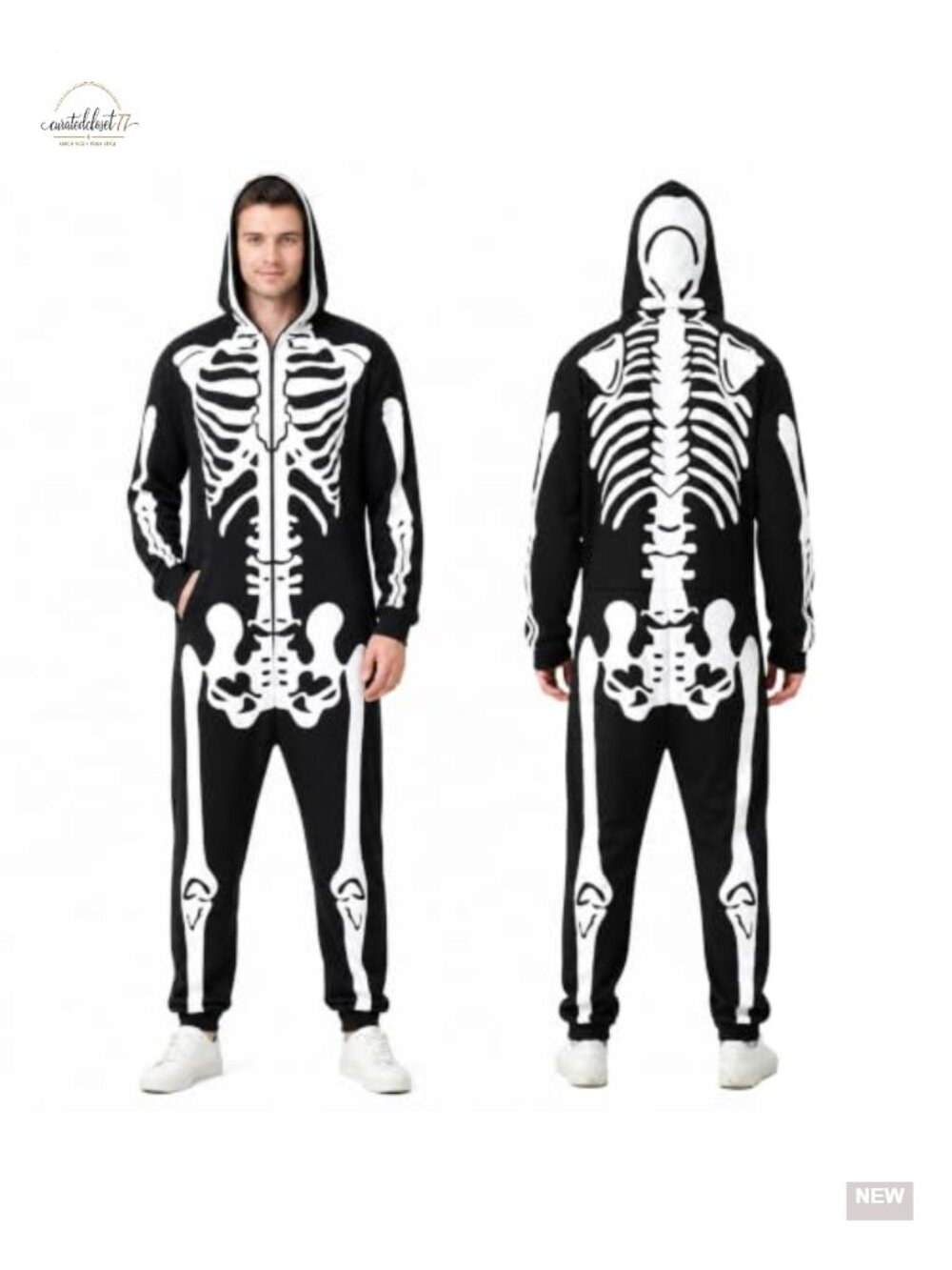 Skeleton Halloween Costume Double-Sided Zip Hood Jumpsuit Adult Men Women